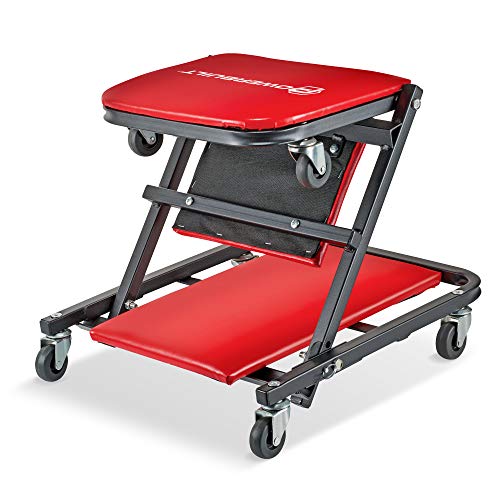 Powerbuilt 36 in. ZAG 2-in-1 Floor Creeper and Rolling Seat – Convertible Design with Padded Headrest, Durable Steel Frame, and Six 2 in. Casters for Easy Maneuvering – 620513