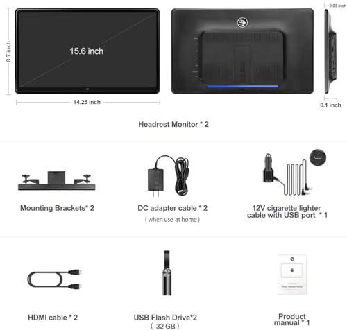 15.6 inch Portable Android Car Headrest TV,Support Phone WiFi Bluetooth SD USB HDMI Connection Car Video Player (4G Ram+64G Rom-2PCS)