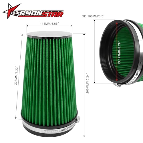 RYANSTAR Racing 6 Inch Cone Air Filter 152mm High Flow 265mm Tall Green - color: green, size: 6" Truck Tall