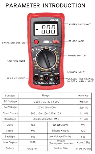 Digital Multimeter with Premium Probes, Measures AC/DC Voltage, Current, Resistance, Diode, Triode, Suitable for Household use, and Industrial use - Red