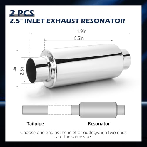Relaxweex 2 Pcs 2.5" Inlet Exhaust Resonator, 2.5" Inlet 2.5" Outlet 11.5" Overall Length Muffler Resonator Stainless Steel(Silver) - color: Silver, size: 2.5" Inlet 11.5" Overall Length