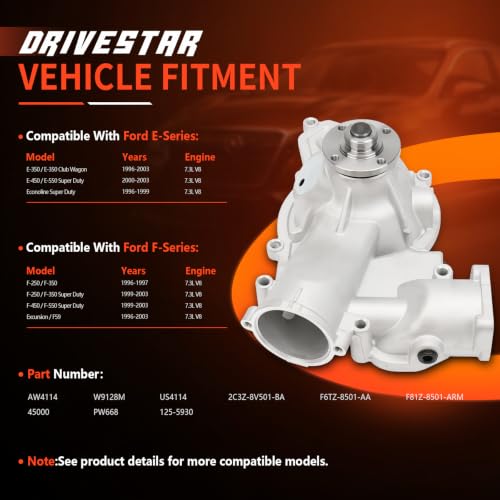 AW4114 Water Pump w/Gasket for Ford E&F Series 96-03 7.3L Diesel - size: AW4114