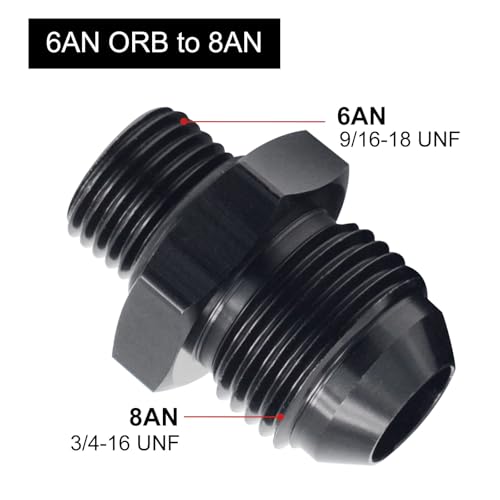 8AN Male Flare to AN6 ORB O-Ring Straight Boss Fuel Pump Rail Fitting Adapter Aluminum Black 2PCS - size: 6AN ORB to 8AN
