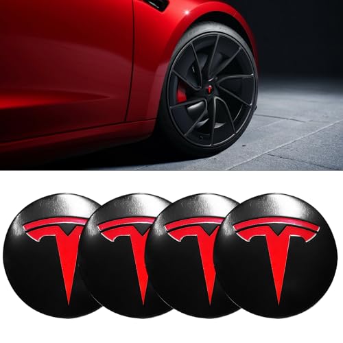 4 Pack Aluminum Waterproof Wheel Cover Center Emblem Sticker for Tesla Model 3 Model Y 56mm Hubcaps Wheel Rim Cover (Matte Black Background+Red Emblem) - color: Matte Black Background+Red Emblem