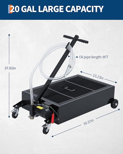 20 Gallon Low Profile Oil Drain Pan with 12V Electric Pump, Large Capacity Rolling Oil Change Tank, 8.2ft Discharge Hose & Folding Handle for Trucks, Buses, RVs and Cars - color: Black, size: 20 Gallon with 12V Electric Pump