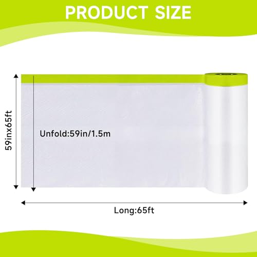 Pre-Taped Masking Film 59" x 66' (4 Roll), Painters Plastic Sheeting with Tape for Overspray Protection,Painting Cover for Cars, Walls, Floors, Furniture - size: 59" x 66'