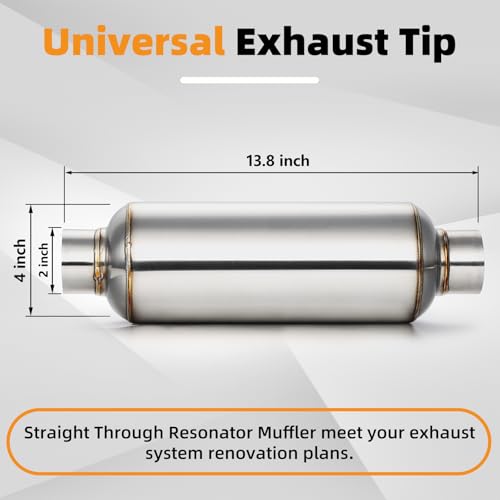 A-KARCK 2.0" Inlet Exhaust Resonator, Muffler Resonator 2.0" Inlet 2.0" Outlet 14'' Overall Length Stainless Steel - size: 2" Inlet/Outlet 13.8" Long - Polished