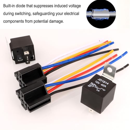 Gebildet 2pcs JD1914 Car Relay Harness 12V 40A 4 Pin SPDT 12AWG Harness Sockets with Built-in Diode for Automotive Truck Van Motorcycle Boat - style: 12V-5pin