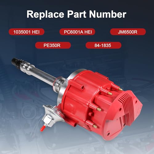 HEI Distributor Replacement For Chevy SBC BBC 283 305 307 327 350 400 small blocks 396 427 454 big blocks V8 65k Coil 7500RPM Red Cap Super Coil Racing Ignition Distributor Replace JM6500R PE350R