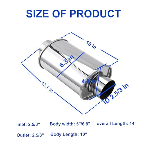 2.5" Ultra Quiet Resonator 304 Stainless Steel Muffler - size: 2.5in