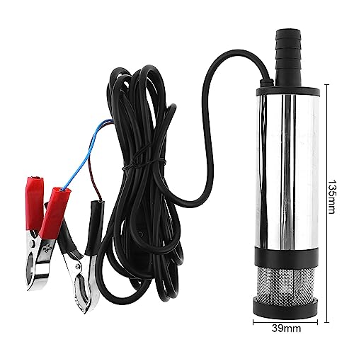 Submersible Electric Diesel Pump, 12V 3.8cm Silver Portable Aluminum Alloy Car Electric Submersible Pump Fuel Water Oil Barrel Pump with 2 Alligator Clips