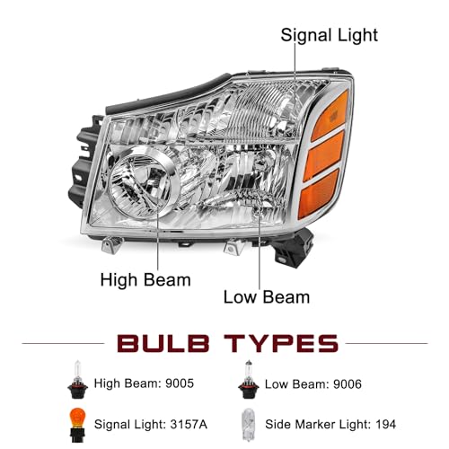 JSBOYAT Headlight Assembly Fit for 2004-2015 Nissan Titan / 05-07 Armada - color: Chrome Housing with Amber Reflector, size: With High & Low Beam Bulbs