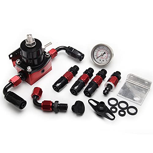 EFI Fuel Pressure Regulator Kit 30-70psi with Gauge 6AN Aluminum Adjustable Universal Fuel Line Hose Fitting Connectors Kit Black&Red - color: Black&Red