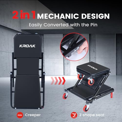 KROAK Creeper, 36 Inches 2 in 1 Z Creeper Seat 330 lbs Capacity Garage Chair Adjustable Rolling Folding Car Creeper with 6 pcs Wheels,Lay Down or Sit for Garage, Shop, Auto Repair Black - size: 36"