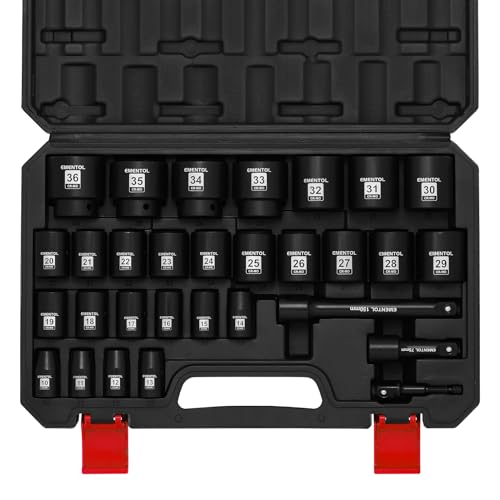 EMENTOL 30PCS 1/2" Drive Shallow Impact Socket Set, Metric, 10mm - 36mm, CR-MO, 6 Point, Includes 3-inch and 6-inch Imapct Extension Bars, 1/4"-1/2" Drill Adapter - size: 1/2" Drive (10-36mm), Shallow