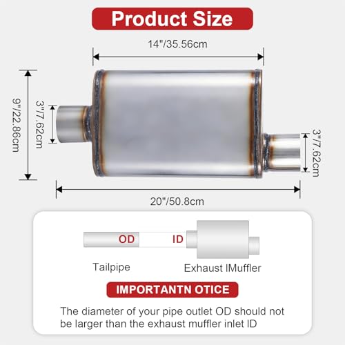 Exhaust Muffler 3" Inlet/Outlet, Universal Muffler for Cars Trucks, Stainless Steel Straight-Through Chamber Performance, 20" Overall Length - size: 3" Inlet/Outlet+ 20" Overall Length