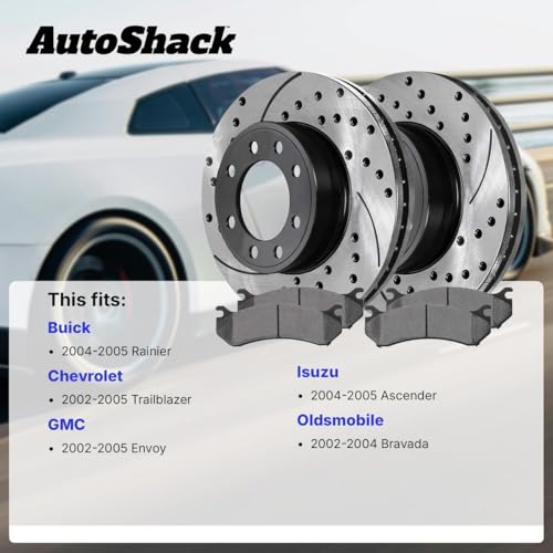 AutoShack 전면 및 후면 드릴 및 슬롯 브레이크 로터 프리미엄 세라믹 브레이크 패드 | 쉐보레 트레일블레이저 GMC 엔보이 올즈모빌 브라바다 교체 | E-코팅 | 12피스 브레이크 키트 | ShadowGuard - style: ShadowGuard 및 프리미엄 패드