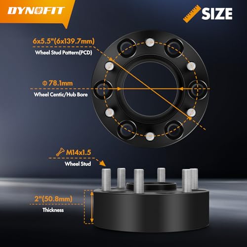 dynofit 2 inch Wheel Spacers 6x5.5 for Silverado Sierra 1500, 6x139.7 Hub Centric Spacers 78.1 Hub Bore M14x1.5 Studs Fits Tahoe, Suburban, Yukon, Escalade, Avalanche, 2-Pack Forged Aluminum Spacers - size: 2 inch 78.1mm