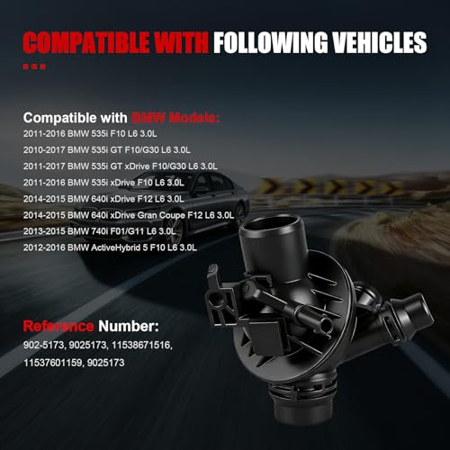 Engine Coolant Thermostat Housing Assembly Compatible with BMW 535i 2011-2016,535i GT 2010-2017,535i GT xDrive,535i xDrive,740i 640i xDrive Gran Coupe,ActiveHybrid 5,OEM#11538671516 11537601159 - size: 902-5173
