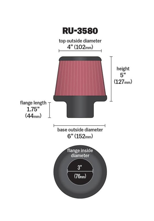 K&N High-Flow Original Lifetime Universal Clamp-On Air Filter: High Performance, Premium, Washable: Flange Diameter: 3 In, Filter Height: 5 In, Flange Length: 1.75 In, Shape: Round Tapered, RU-3580