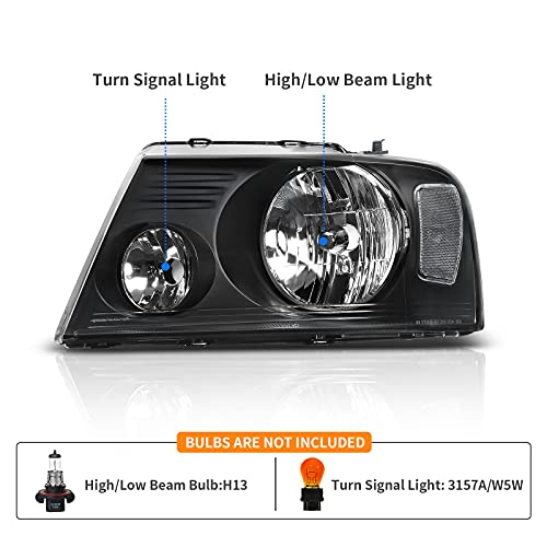 DWVO Headlight Assembly Compatible with Ford F150 Pickup 2004-2008 / Lincoln Mark LT 06-08 Clear Reflector Passenger and Driver side Black Housing Clear Lens Clear Reflector - color: A Black Housing Clear Reflector Clear Lens, size: OE Replacement