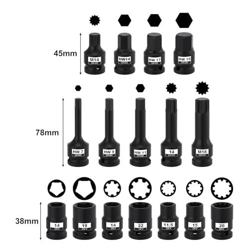 Mayouko 16PCS 1/2" Drive Impact Brake Special Caliper Socket Set, 5PT 7PT 10PT M14 M18 & Hex Sockets Compatible for Audi/VW/Ford/Porsche/Benz/BMW/Mazda