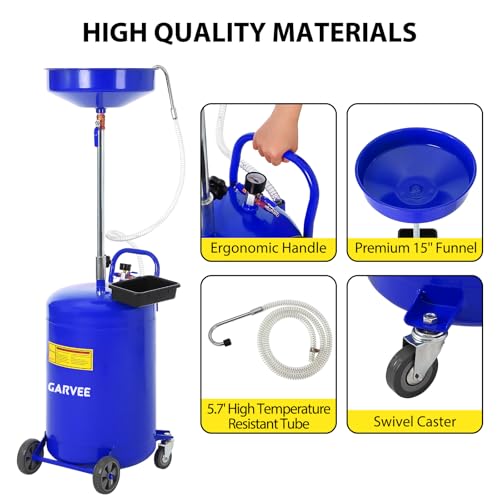Garvee 20 Gallon Waste Oil Drain Tank, Portable Oil Drain Container, Air Operated Drainer, Fluid Fuel Transfer Drainage, Adjustable Funnel Height with Wheel &15'' Premium Bowl and a Toolbox - size: 20 Gallon- Blue