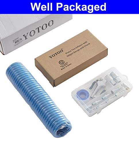 YOTOO Heavy Duty Air Compressor Accessories Kit 20 Pieces with 1/4 inch x 25 feet Polyurethane Air Compressor Hose, 100 PSI Tire Inflator Gauge, Air Blow Gun and Air Hose Fittings - size: Kit with Hose
