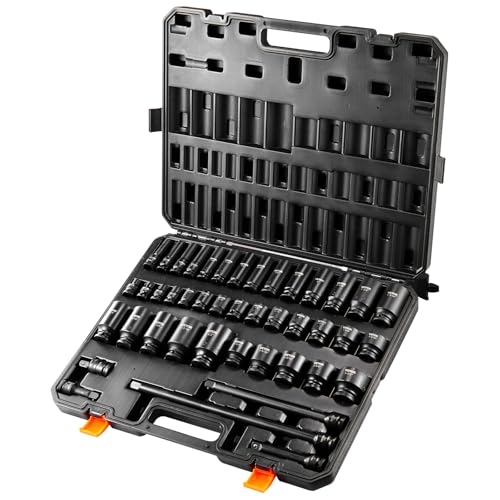 VEVOR Impact Socket Set 1/2" Socket Set 43 Piece Deep & Shallow SAE 3/8" to 1-1/2", 6 Point Cr-Mo Alloy Steel for Auto Repair, Easy-to-Read Size Markings, Rugged Construction, Storage Case - size: 1/2" 43 PCS