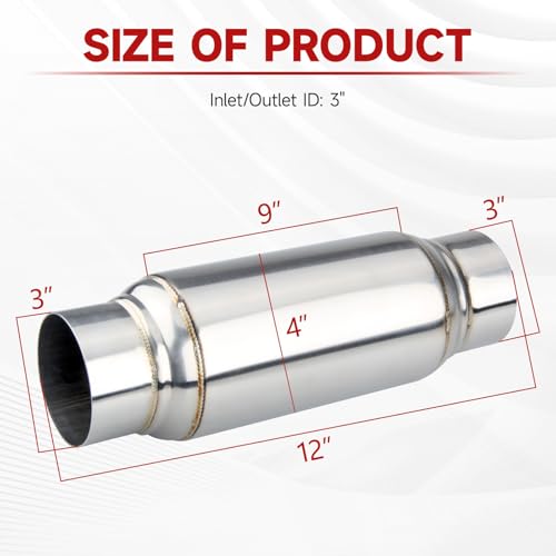 LCGP 3" Inlet Universal Resonator, 3" Outlet 12" Overall Length Stainless Steel Performance Muffler, Polished, Straight Through Design, Deep Tone 2pcs - color: Silver, size: 3" Inlet 12" Long-2 Pack