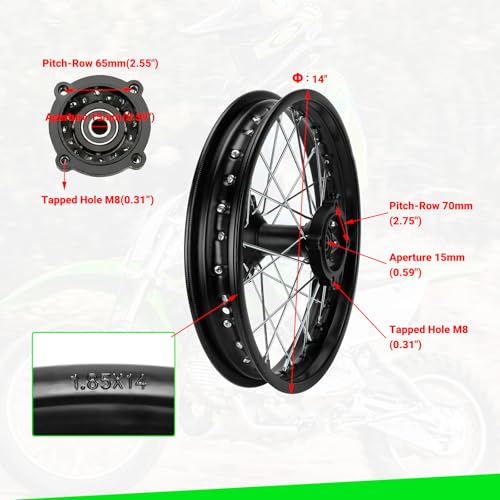 1.85x14 Rear Wheel Rim and 12mm Bearings Strip Kit fit 90/100-14 3.00-14 14 Inch Dirt Pit Bike Tire KLX125 KX85 TTR125 YZ80 RM80 Taotao DB17 SR150 DR90 Apollo 125 Motorcycle Parts (15mm Axle)