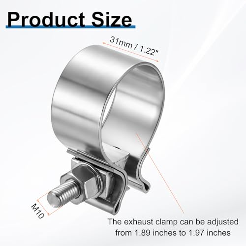 HARFINGTON 410 Stainless Steel Exhaust Clamp 1.97" Butt Joint Narrow Band Muffler Seal Exhaust Narrow Lap Butt Clamps for Pipes Mufflers Converters System Repair, Silver - size: Range 50-56 mm, Band Width 31mm
