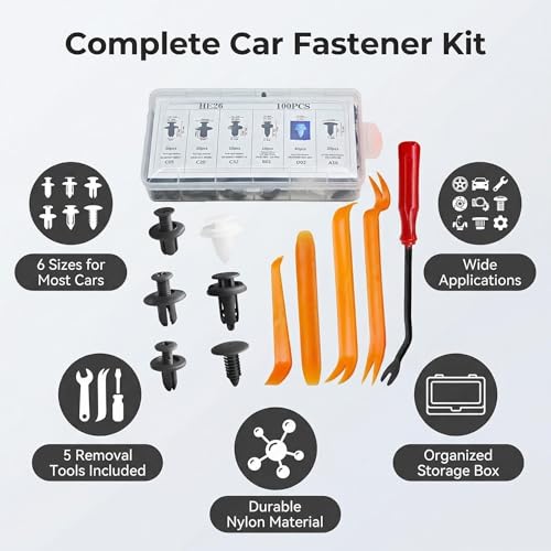 100PCS Universal Car Bumper Clips, Plastic Push Pin Rivets Set with Storage Box, 6 Most Popular Sizes with 5 Fastener Removers, Fits Most Car Models, Ideal for Body Fixing & Replacement