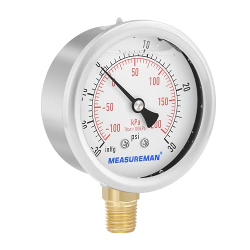 MEASUREMAN 2-1/2" dial,Glycerin Filled, Stainless Steel case, Brass Inside, 30inHg/-100kpa-0-30psi/200kpa,1/4" NPT Lower Mount - size: -14.7-30 psi, style: Lower Mount