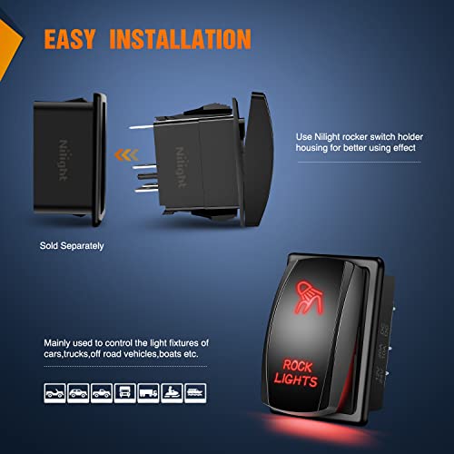 Nilight 5Pin Rock Lights Rocker Switch Laser Etched Toggle SPST - color: Red, size: ROCK LIGHTS
