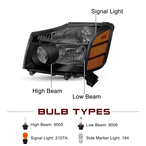 JSBOYAT Headlight Assembly Fit for 2004-2015 Nissan Titan / 05-07 Armada - color: Black Housing with Smoke Lens, size: With High & Low Beam Bulbs