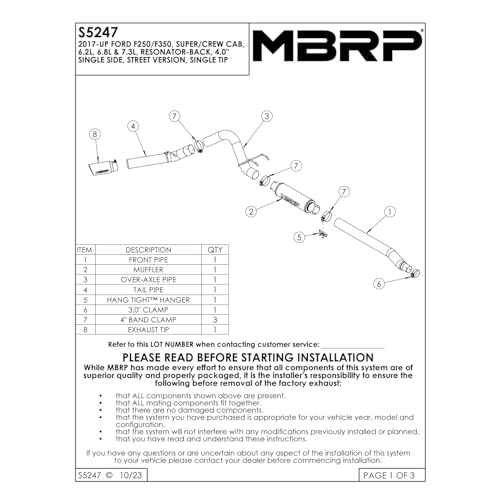 MBRP S5247304 Exhaust System Cat Back (2017-UP Ford F250/350 6.2L Super/Crew Cab 4" , Single Side, T304)