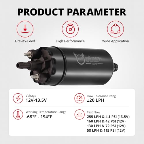 EVIL ENERGY External Inline Electric Fuel Pump, 255 LPH High Pressure with 52MM Bracket Clamp, Black - color: Black