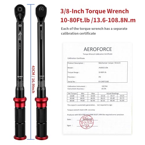 AEROFORCE 3/8-Inch Drive Torque Wrench(10-80 lb.ft / 13.6-108.8 Nm),72 Tooth Dual Direction Reversible Ratchet, Dual Range Scales, Precision Calibrated for Bike, Motorcycle and Car Repair - size: 3/8″10-80 lb.ft