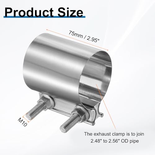 HARFINGTON Exhaust Clamp 2.56" Stainless Steel Lap Joint Band Clamp Exhaust Pipes Connection with M10x55 Screws for Car Muffler Elbow Pipes - size: 2.56 inch
