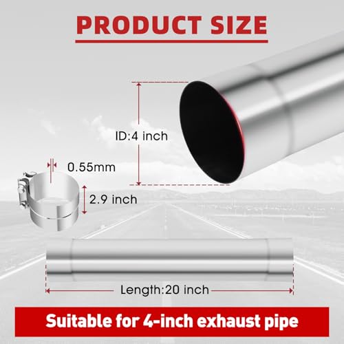 LCGP 4 Inch Straight Exhaust Pipe, 4" Stainless Steel Straight Muffler Replacement Pipe, 20" Length Mandrel Exhaust Tube with Two Lap Joint Band Clamps(New Version) - size: 4 Inch, style: 20 Inch Long