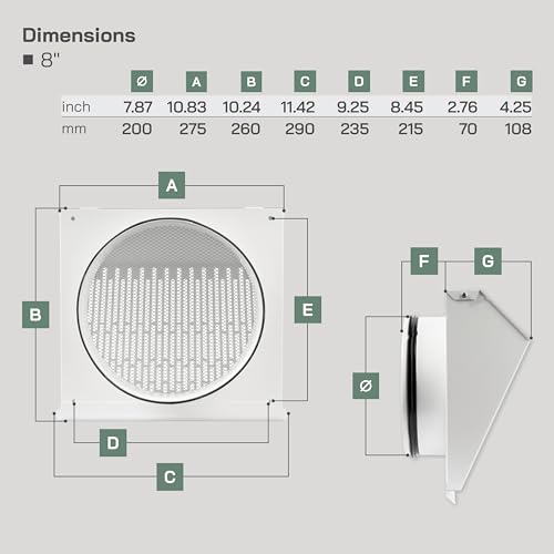 Vent Systems 8" Inch Exhaust Vent Cover with Rubber Gasket - White Galvanized Steel - Robust and Weatherproof Outdoor Air Exhaust Box - Duct or Surface Mounting - Rain and Snow Protection - color: White, size: ø8" Inch - Exhaust