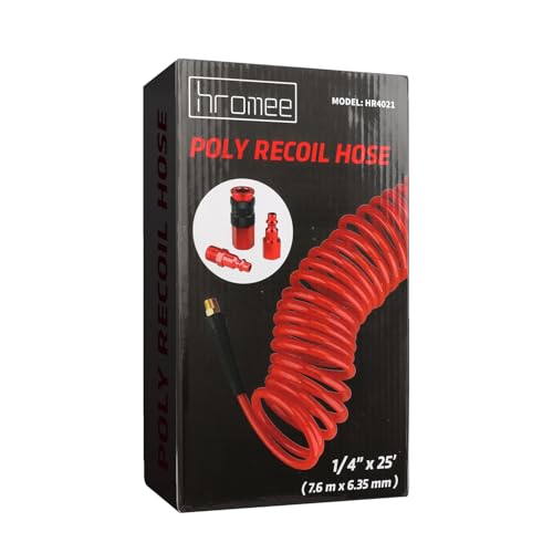 Hromee 1/4 in x 25 ft Polyurethane Recoil Air Hose with Bend Restrictors Compressor Hose with 1/4" Industrial Universal Quick Coupler and I/M Plug Kit, Red (Pack of 2) - size: 25FT (Pack of 2)