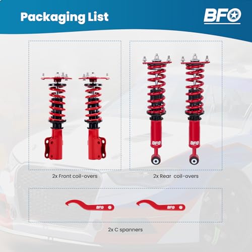 BFO Coilovers for Mitsubishi 3000GT FWD 1991-1999, for Dodge Stealth FWD 1991-1996, Height Adjustable Coilovers Suspension Kit, Preset Damping Shock Absorber Struts, Lowering Kit Red
