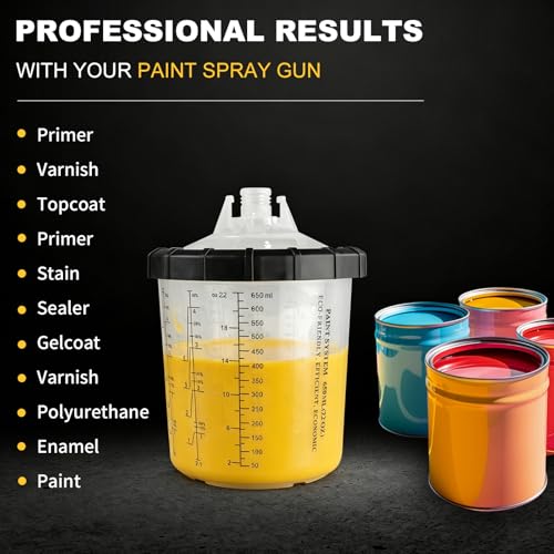 Disposable Paint Cups for Spray Gun 22-Ounce (650ml) Kit, 50 Paint Mixng Cups and Lids, 2 Hard Paint Cup with Retainer Ring and 20 Plugs, 3 Adapters, Stirrer, Automotive Spray Gun Accessories - size: 50pcs 650ml