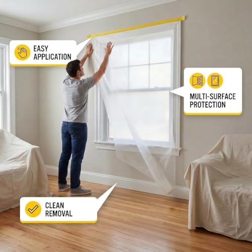 Pre-Taped Masking Film for Car Painting – 3 Pack Painters Plastic Sheeting with Automotive Tape and Drape, Paint Plastic Covering Cars, Appliance, Windows and Furniture Protection (59 Inch) - size: 59 Inch