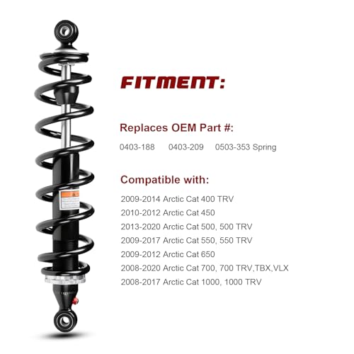 Monotube Front Shocks, Shock Absorber, Struts for Arctic Cat 400TRV, 450, 500, 500TRV, 550, 550TRV, 650, 700, 700,1000; OEM# 0403-188, 0403-209, 0503-353 Spring; Amortiguadores para Arctic Cat