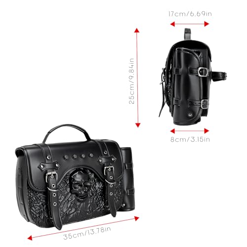 14L Motorcycle Tool Bag 3D Skull Embossed PU Leather Saddlebag with Handlebar Roll Bag, Universal Waterproof Black Motorcycle Side Bags Storage Pouch for Most Motorcycles - style: Skull Pattern Bag Featuring Side Roll-up Pocket