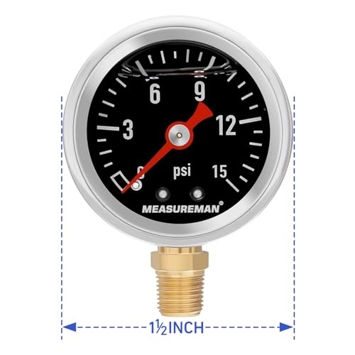 MEASUREMAN 1-1/2" Dial Size Black Dial, Glycerin Filled Fuel Pressure Gauge, 304 Stainless Steel case, 0-15Psi, -3-2-3%, 1/8" NPT Lower Mount - size: 0-15 psi, style: Lower Mount (Black Dial)