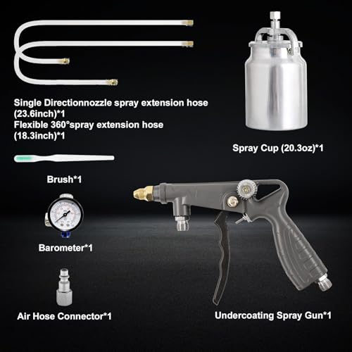 Air Undercoating Spray Gun with Suction Feed Cup & Gauge, 2 Extension Wands 360°Straight Spray Hoses, Fluid Film Spray Gun for Truck Bed Liner Spray Coating, Rubberized Undercoat